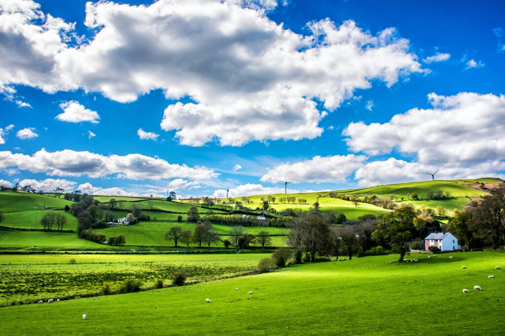 Scenic countryside landscape with green rolling hills, sheep, and a farmhouse under a vibrant blue sky.
